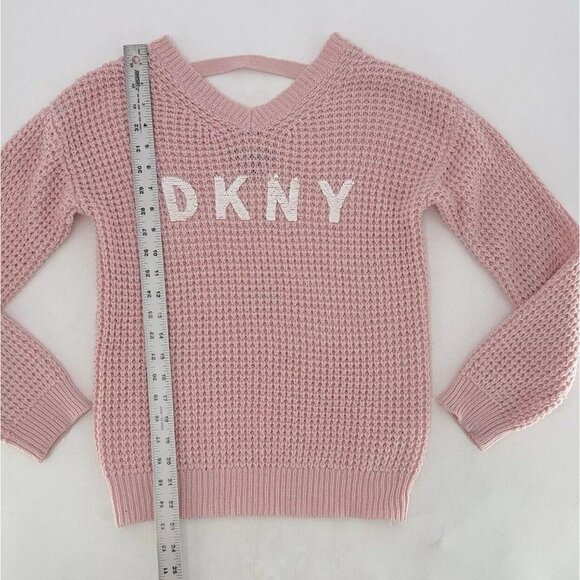 DKNY Girl’s Flip Sequin Spell Out Pink Knit V-Neck Sweater Size XL Preppy - Picture 12 of 13